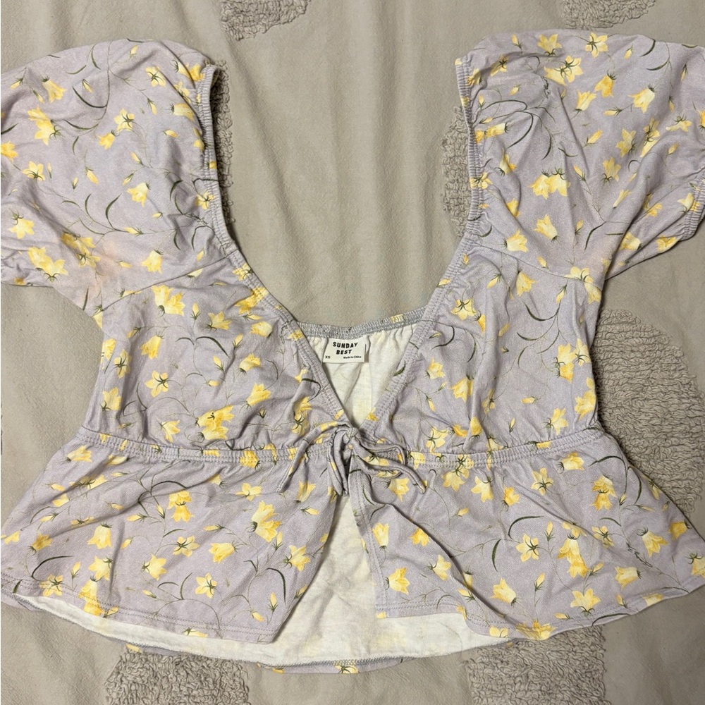 Sunday Best Yellow and Gray Flutter Sleeve Blouse with Tie Front